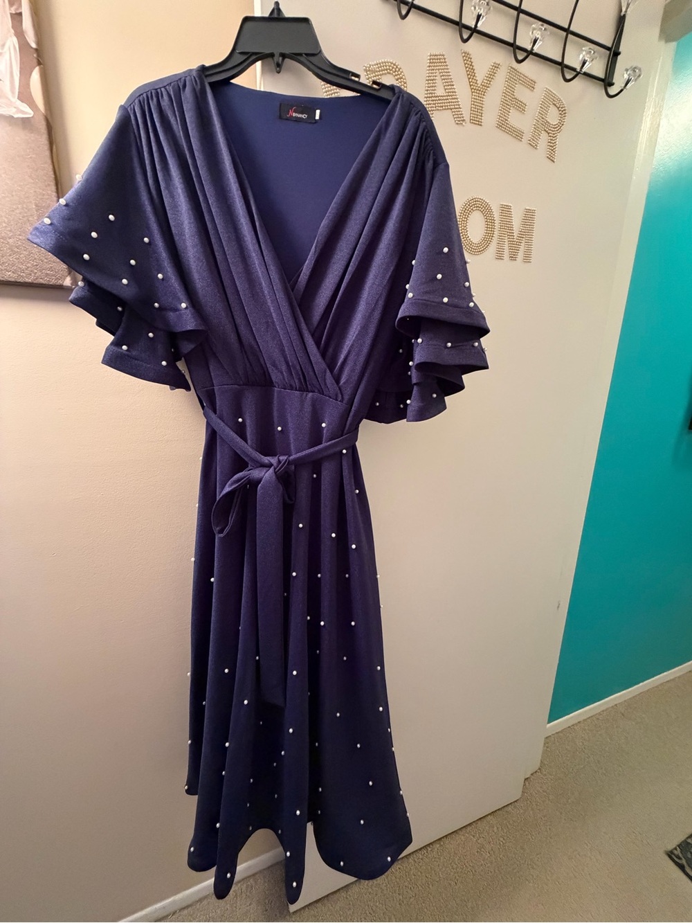 Pearl-Embellished Navy Wrap Midi Dress with Ruffle Sleeves